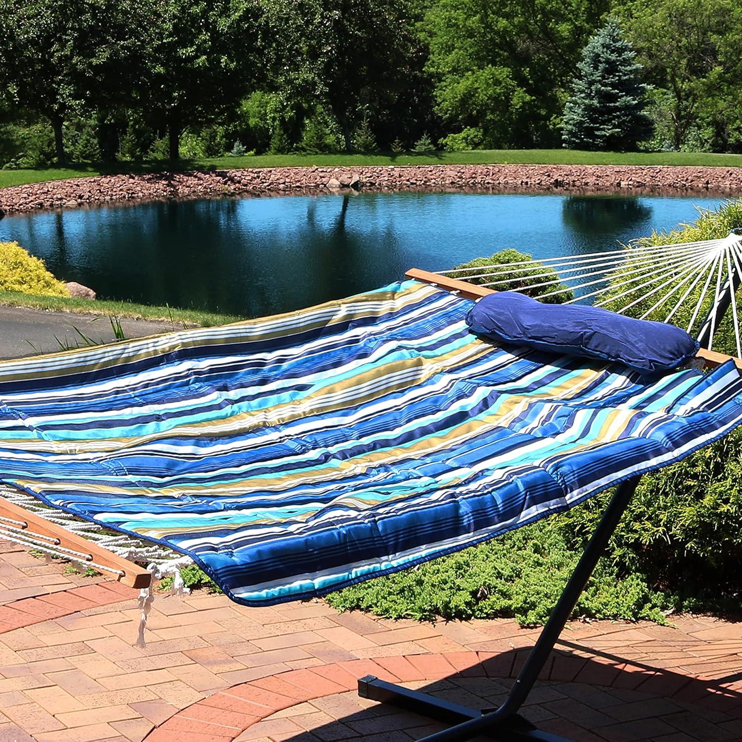 image:imageSunnydaze Rope Hammock with Stand for Outside 275Pound Capacity Includes 12Foot Hammock Stand Spreader Bar Pad and Pillow Modern LinesLakeview