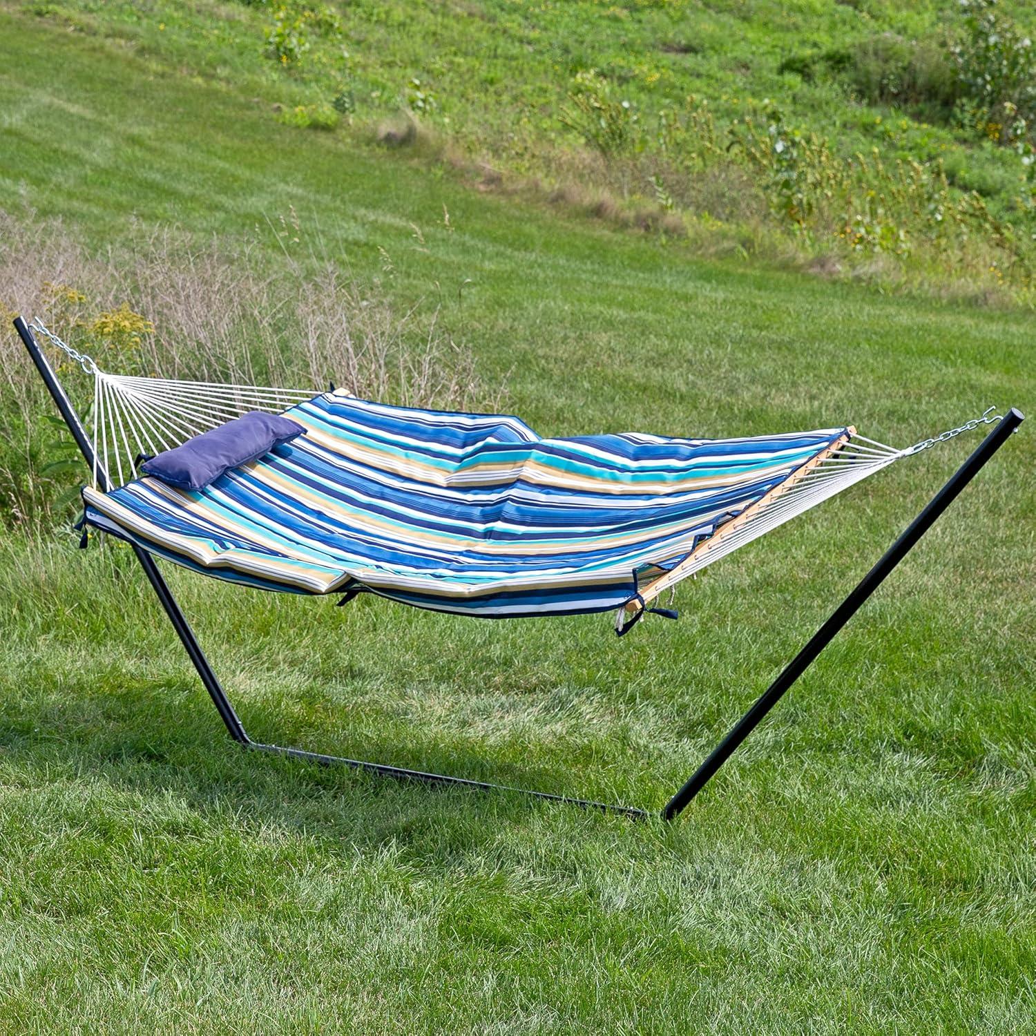 image:imageSunnydaze Rope Hammock with Stand for Outside 275Pound Capacity Includes 12Foot Hammock Stand Spreader Bar Pad and Pillow Modern LinesLakeview