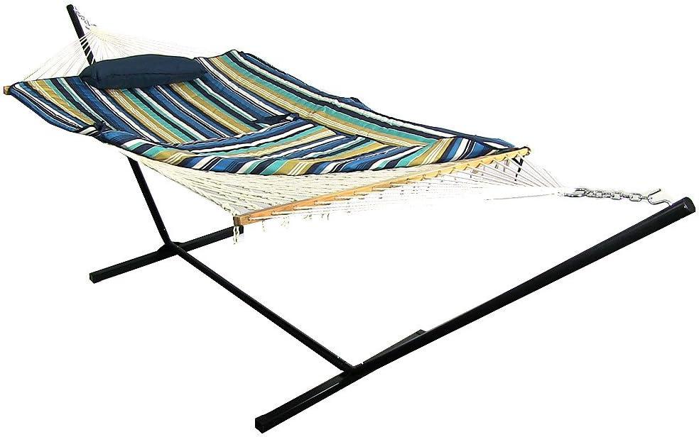 image:imageSunnydaze Rope Hammock with Stand for Outside 275Pound Capacity Includes 12Foot Hammock Stand Spreader Bar Pad and Pillow Modern LinesLakeview