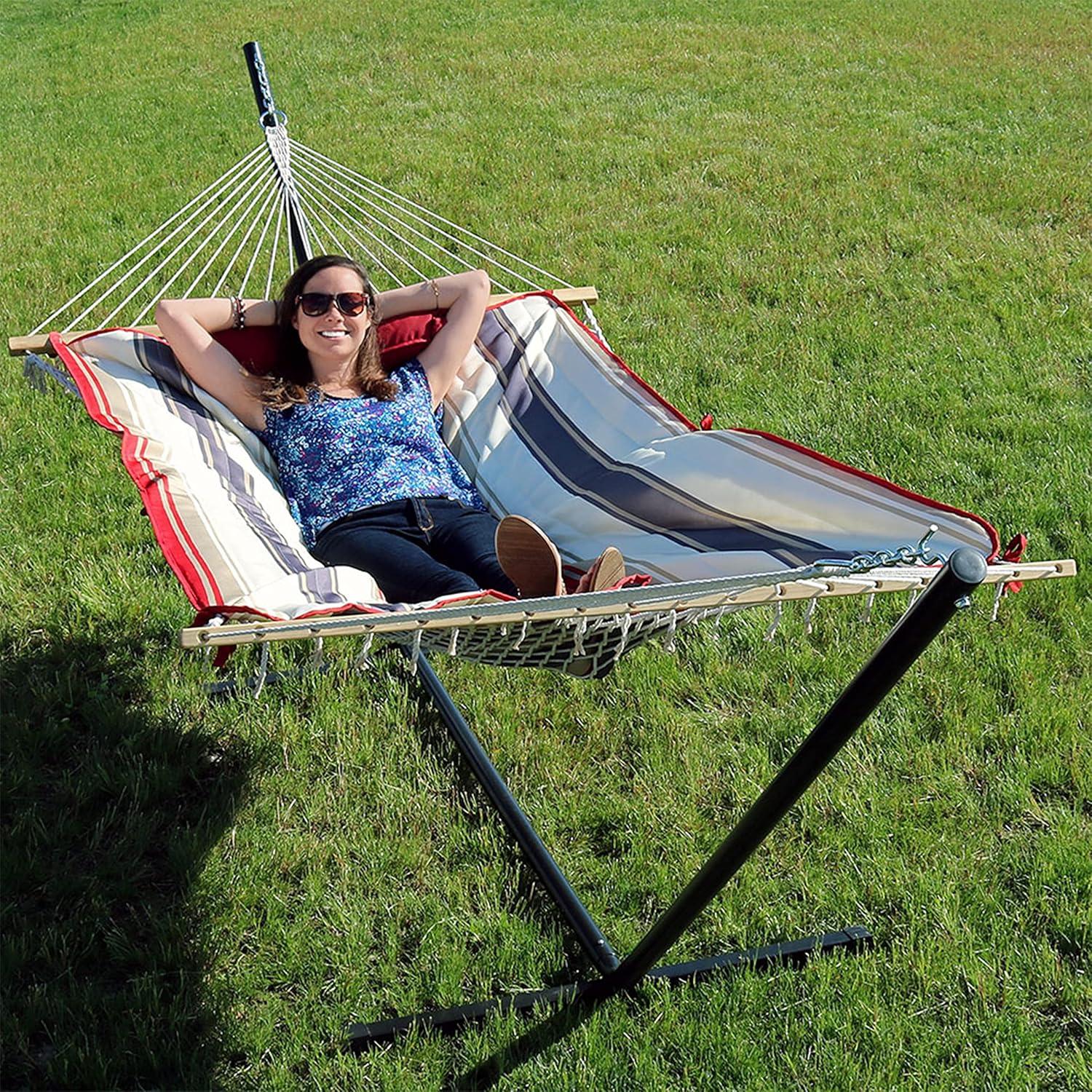 image:imageSunnydaze Rope Hammock with Stand for Outside 275Pound Capacity Includes 12Foot Hammock Stand Spreader Bar Pad and Pillow Modern LinesModern Lines