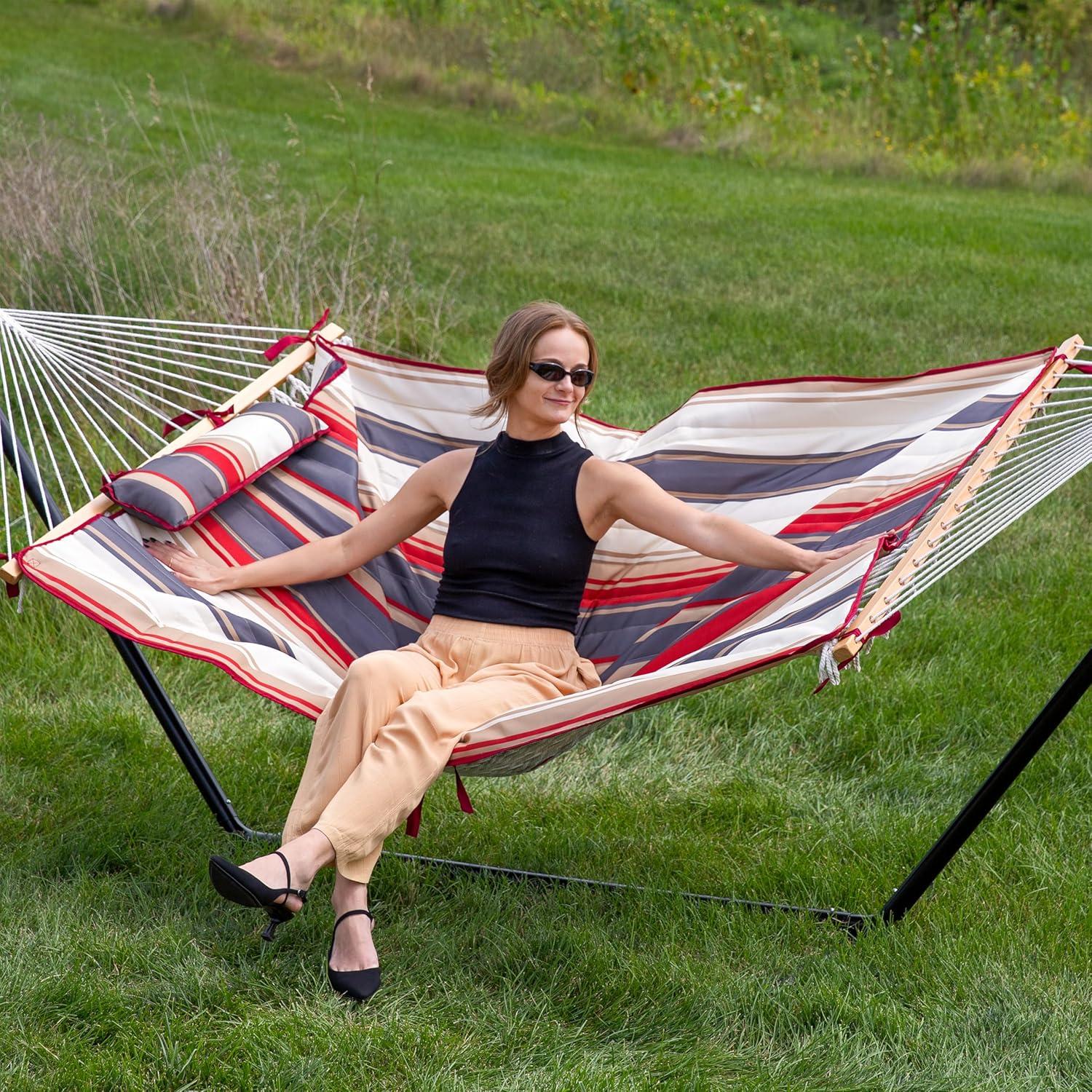 image:imageSunnydaze Rope Hammock with Stand for Outside 275Pound Capacity Includes 12Foot Hammock Stand Spreader Bar Pad and Pillow Modern LinesModern Lines