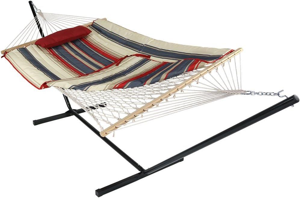 image:imageSunnydaze Rope Hammock with Stand for Outside 275Pound Capacity Includes 12Foot Hammock Stand Spreader Bar Pad and Pillow Modern LinesModern Lines