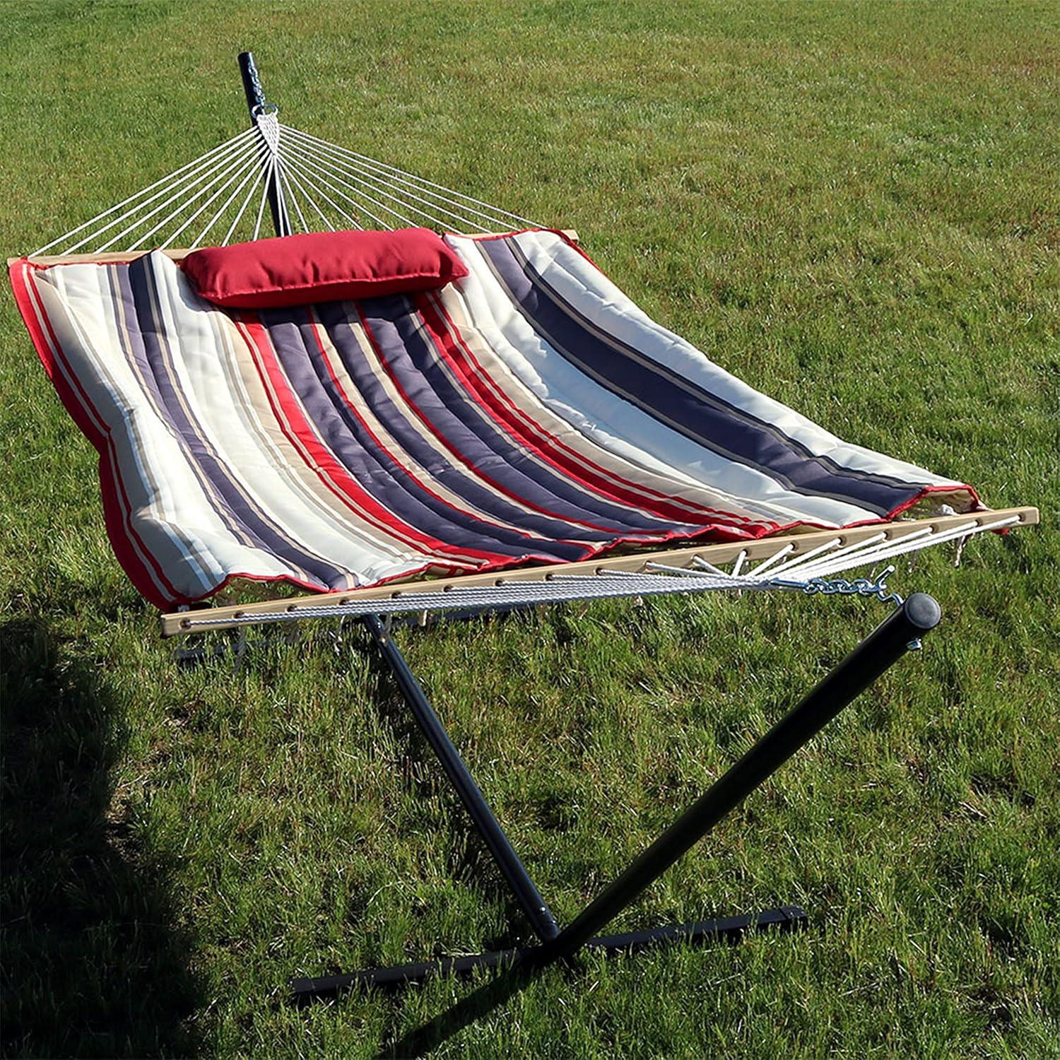 image:imageSunnydaze Rope Hammock with Stand for Outside 275Pound Capacity Includes 12Foot Hammock Stand Spreader Bar Pad and Pillow Modern LinesModern Lines
