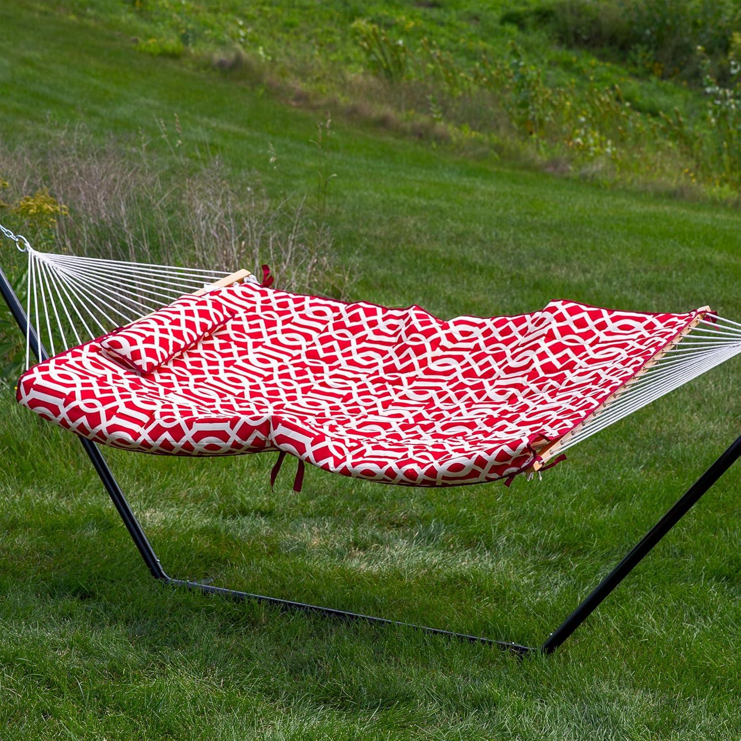image:imageSunnydaze Rope Hammock with Stand for Outside 275Pound Capacity Includes 12Foot Hammock Stand Spreader Bar Pad and Pillow Modern LinesRoyal Red
