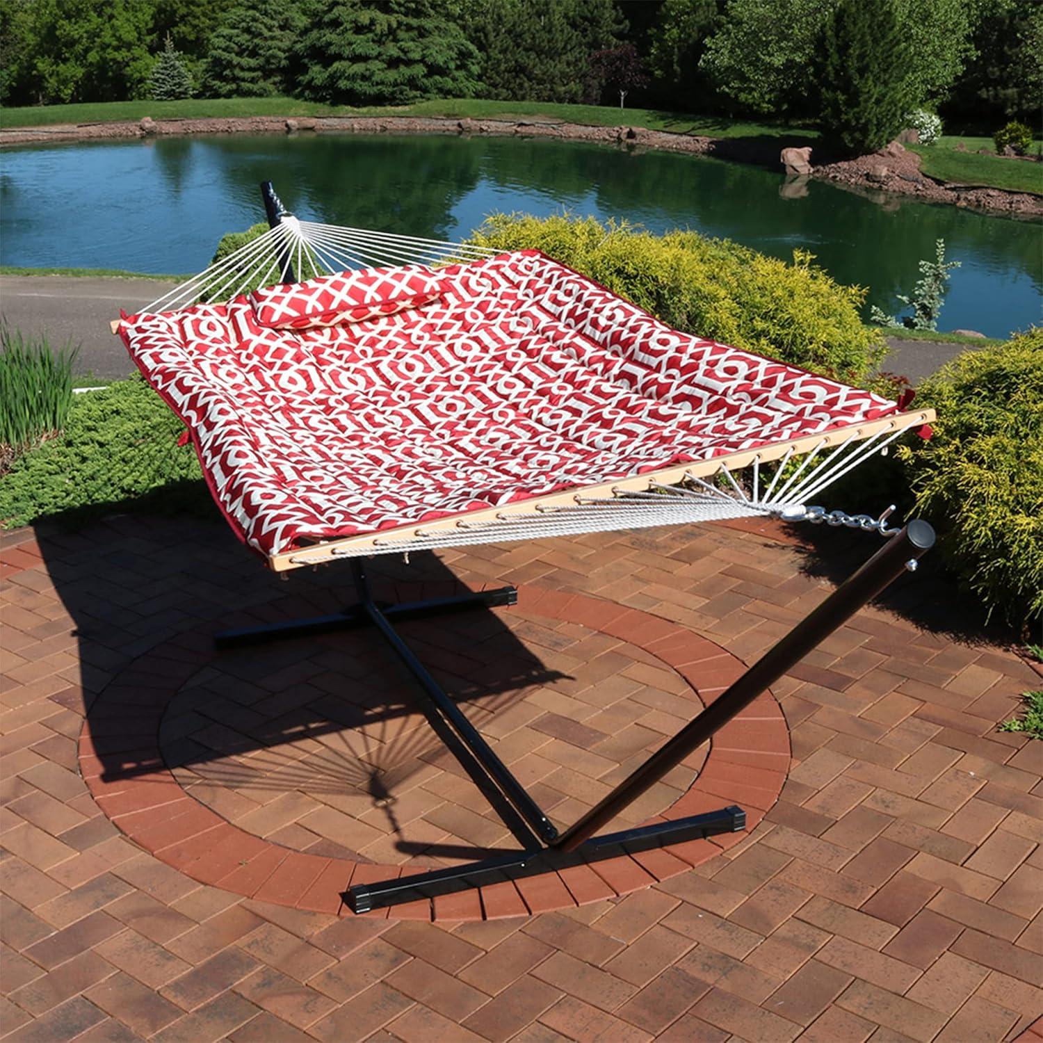 image:imageSunnydaze Rope Hammock with Stand for Outside 275Pound Capacity Includes 12Foot Hammock Stand Spreader Bar Pad and Pillow Modern LinesRoyal Red