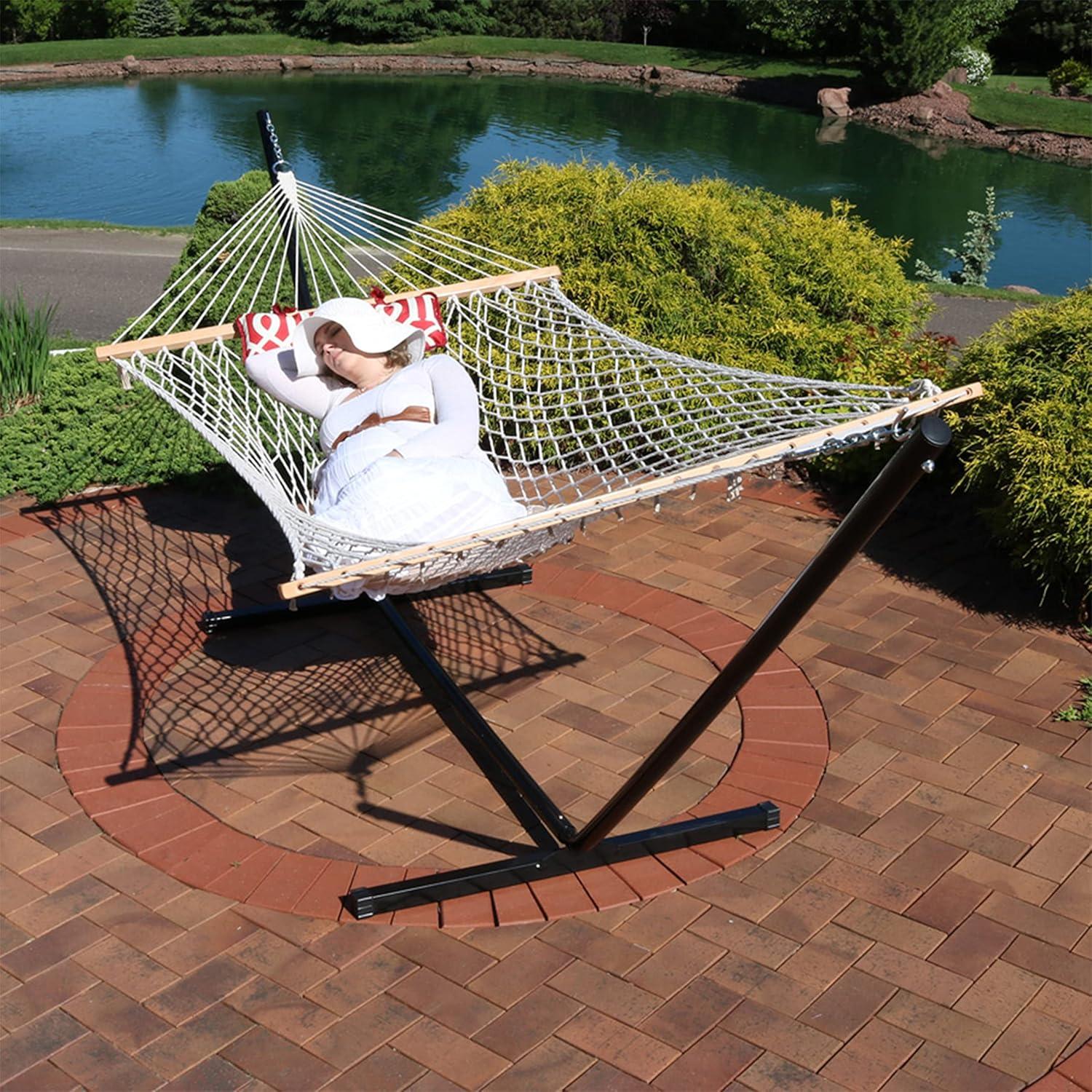 image:imageSunnydaze Rope Hammock with Stand for Outside 275Pound Capacity Includes 12Foot Hammock Stand Spreader Bar Pad and Pillow Modern LinesRoyal Red