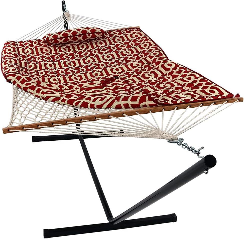 image:imageSunnydaze Rope Hammock with Stand for Outside 275Pound Capacity Includes 12Foot Hammock Stand Spreader Bar Pad and Pillow Modern LinesRoyal Red