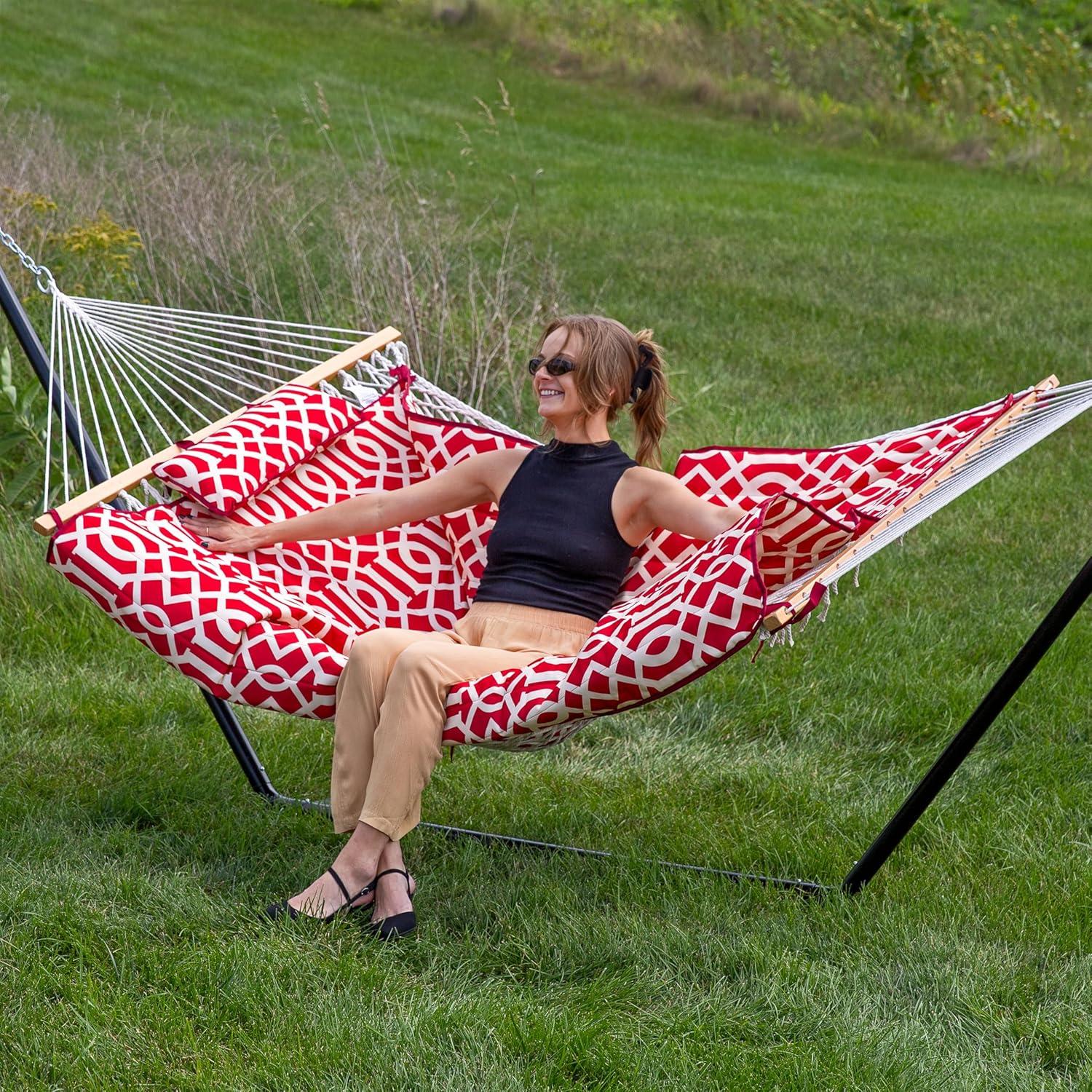 image:imageSunnydaze Rope Hammock with Stand for Outside 275Pound Capacity Includes 12Foot Hammock Stand Spreader Bar Pad and Pillow Modern LinesRoyal Red