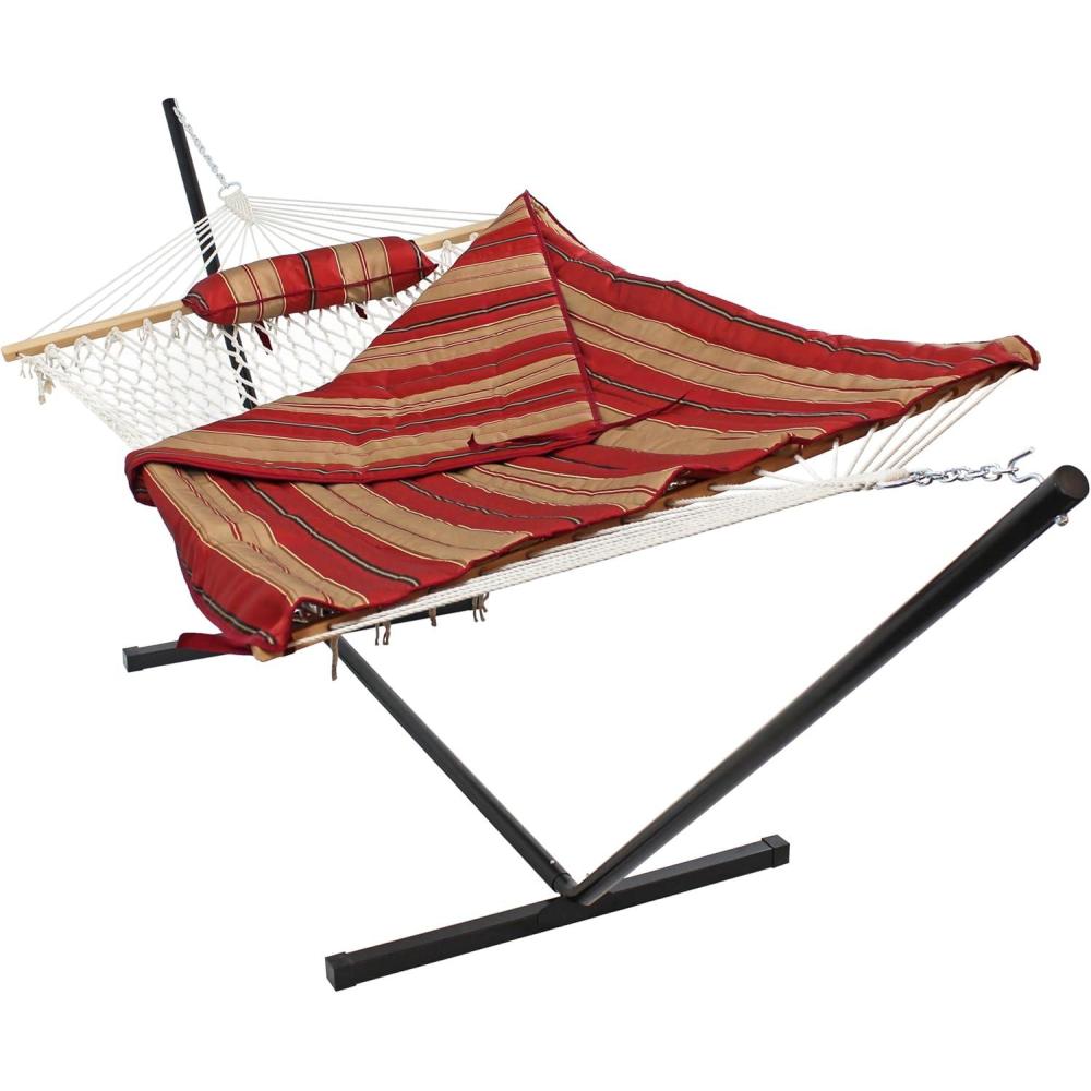 image:imageSunnydaze Rope Hammock with Stand for Outside 275Pound Capacity Includes 12Foot Hammock Stand Spreader Bar Pad and Pillow Modern LinesAwning Stripe