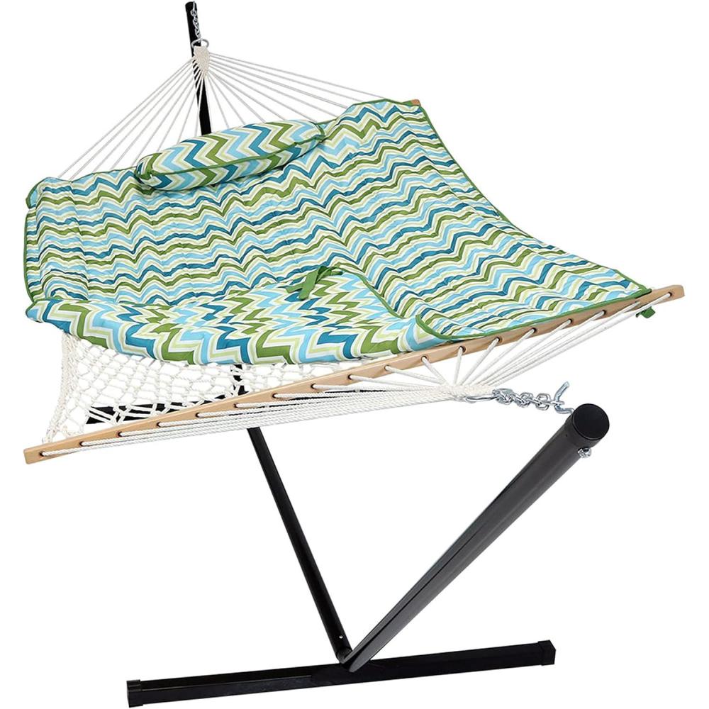 image:imageSunnydaze Rope Hammock with Stand for Outside 275Pound Capacity  Includes 12Foot Hammock Stand Spreader Bar Pad and Pillow  Modern LinesBlue  Green Chevron