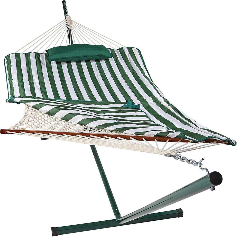 image:imageSunnydaze Rope Hammock with Stand for Outside 275Pound Capacity  Includes 12Foot Hammock Stand Spreader Bar Pad and Pillow  Modern LinesGreen and White Stripe