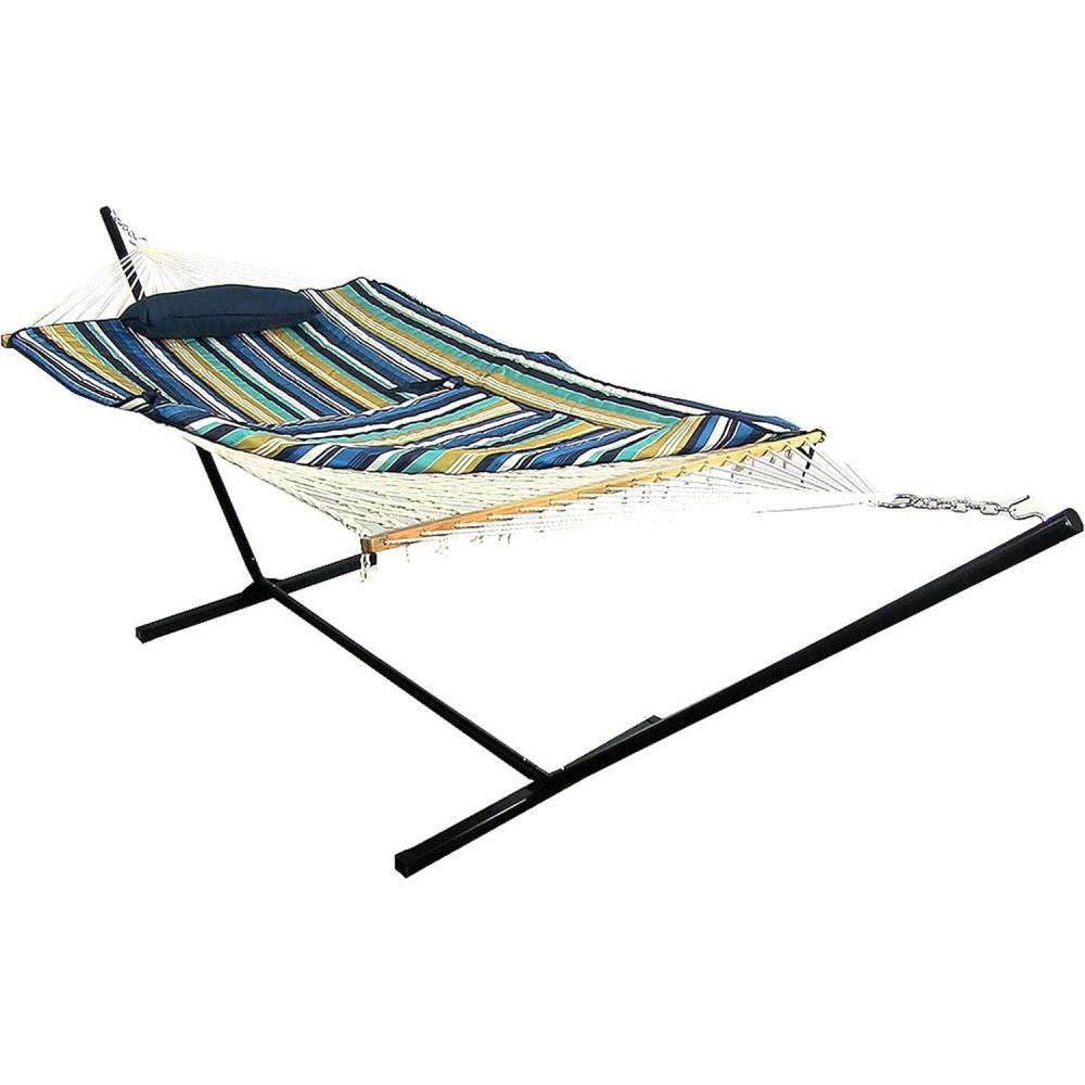 image:imageSunnydaze Rope Hammock with Stand for Outside 275Pound Capacity Includes 12Foot Hammock Stand Spreader Bar Pad and Pillow Modern LinesLakeview