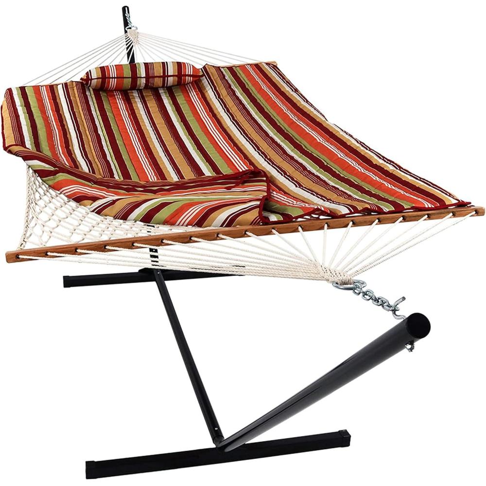 image:imageSunnydaze Rope Hammock with Stand for Outside 275Pound Capacity  Includes 12Foot Hammock Stand Spreader Bar Pad and Pillow  Modern LinesTropical Orange