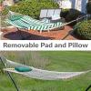 Sunnydaze Rope Hammock with Stand for Outside- 275-Pound Capacity – Includes 12-Foot Hammock Stand, Spreader Bar, Pad, and Pillow – Modern Lines(Green and White Stripe)