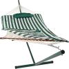 Sunnydaze Rope Hammock with Stand for Outside- 275-Pound Capacity – Includes 12-Foot Hammock Stand, Spreader Bar, Pad, and Pillow – Modern Lines(Green and White Stripe)