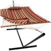 Sunnydaze Rope Hammock with Stand for Outside- 275-Pound Capacity – Includes 12-Foot Hammock Stand, Spreader Bar, Pad, and Pillow – Modern Lines(Tropical Orange)