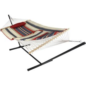 Sunnydaze Rope Hammock with Stand for Outside- 275-Pound Capacity – Includes 12-Foot Hammock Stand, Spreader Bar, Pad, and Pillow – Modern Lines(Modern Lines)