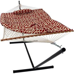 Sunnydaze Rope Hammock with Stand for Outside- 275-Pound Capacity – Includes 12-Foot Hammock Stand, Spreader Bar, Pad, and Pillow – Modern Lines(Royal Red)