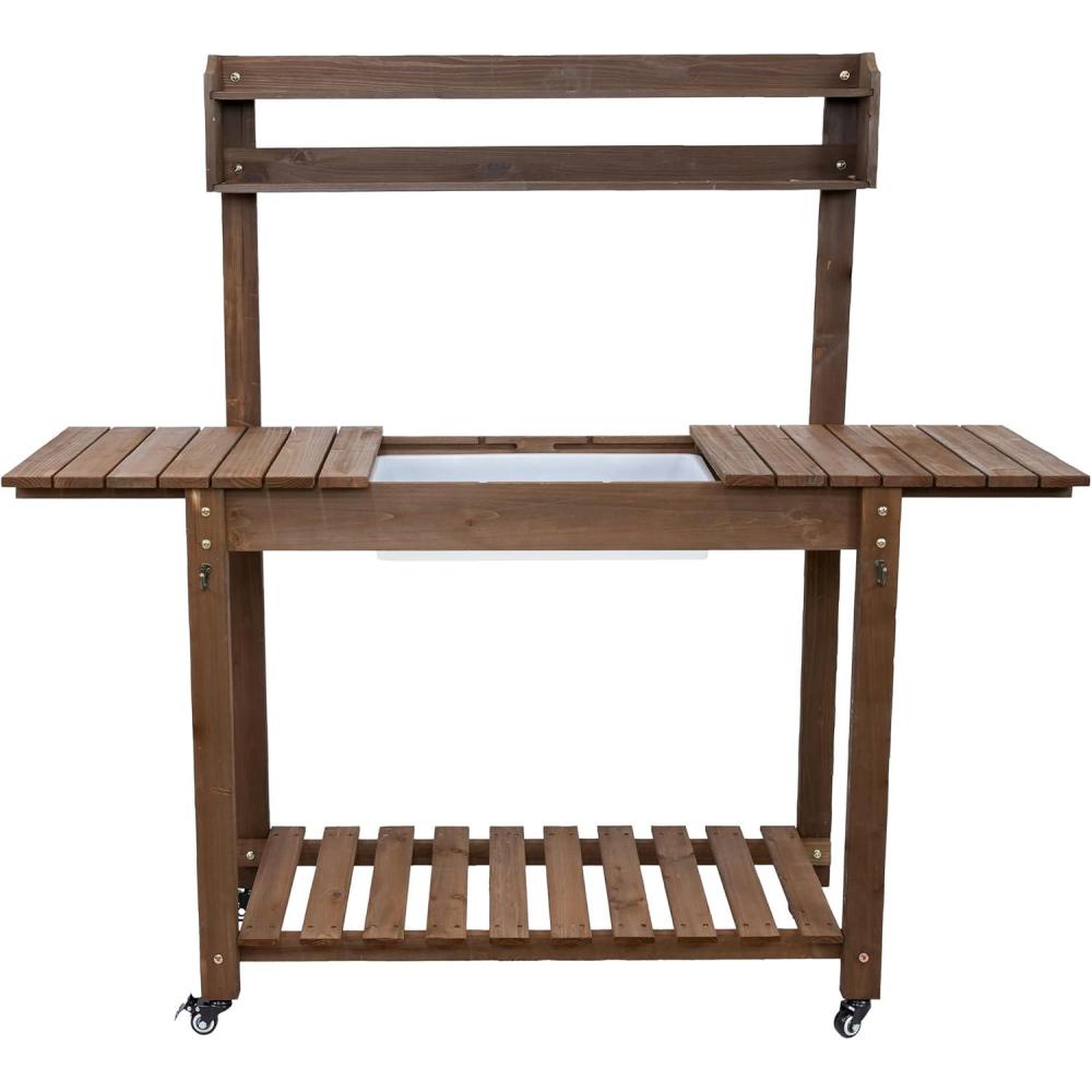 image:imageSunnydaze Wheeled Garden Potting Bench with Sink  Outdoor Potting Table  Garden Table with Planting Station and Hooks  Brown