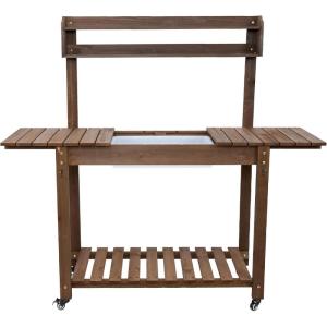 Sunnydaze Wheeled Garden Potting Bench with Sink – Outdoor Potting Table – Garden Table with Planting Station and Hooks – Brown