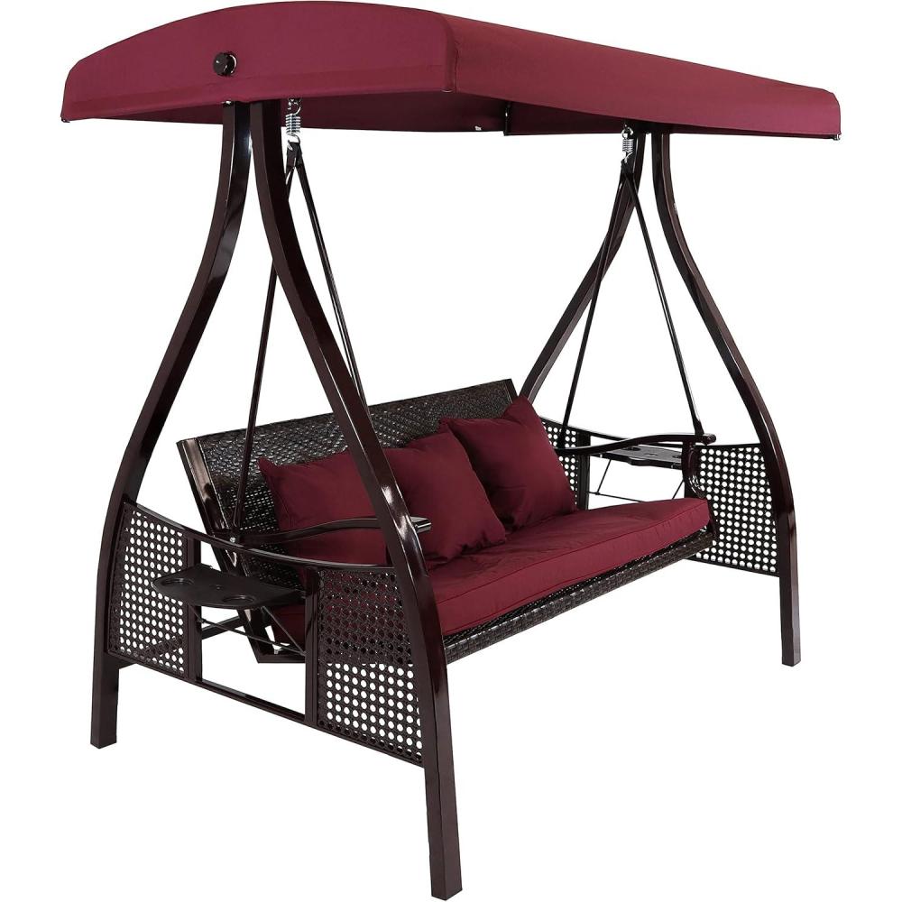 image:imageSunnydaze 3Person Patio Swing with Side Tables  Adjustable Tilt Canopy  600 lb Capacity  Steel and Polyester  Merlot