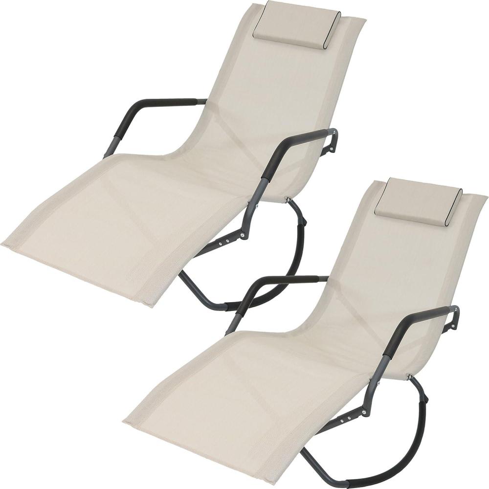 image:imageSunnydaze Rocking Chaise Lounge Chair with Headrest Pillow Outdoor Folding Patio Lounger Beige Set of 2