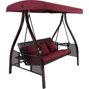 Sunnydaze 3-Person Patio Swing with Side Tables – Adjustable Tilt Canopy – 600 lb Capacity – Steel and Polyester – Merlot