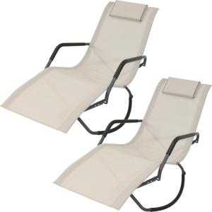 Sunnydaze Rocking Chaise Lounge Chair with Headrest Pillow, Outdoor Folding Patio Lounger, Beige, Set of 2