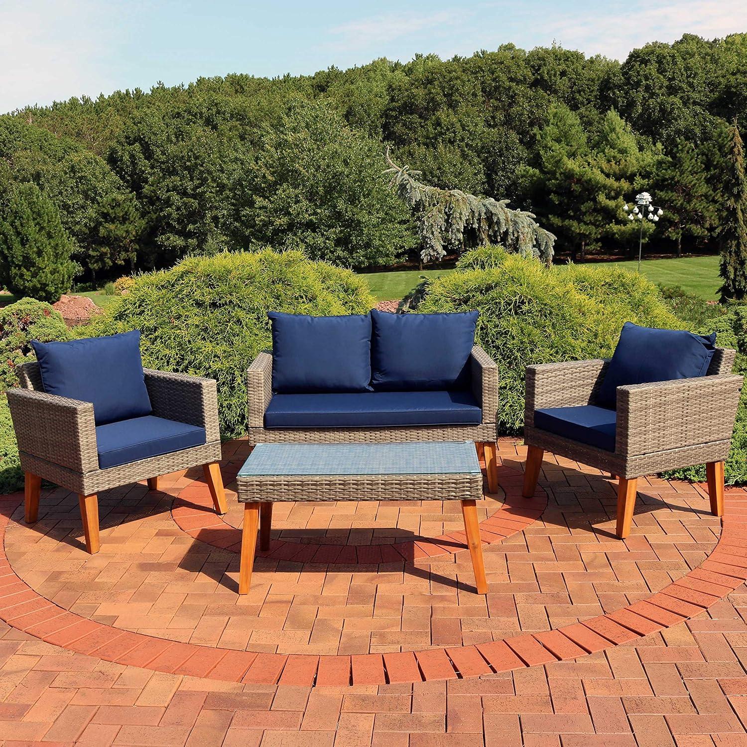 image:imageSunnydaze Patio Furniture Set 4 Piece Outdoor Conversation Set with Removable Cushions Wicker Rattan Outdoor Loveseat and Chair Set for Backyard and Patio Navy Blue