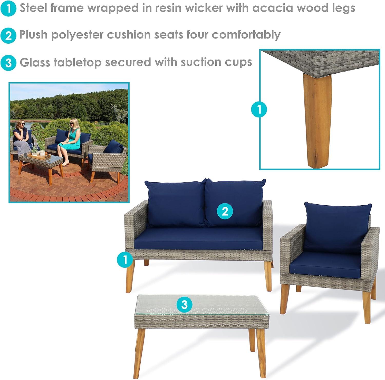 image:imageSunnydaze Patio Furniture Set 4 Piece Outdoor Conversation Set with Removable Cushions Wicker Rattan Outdoor Loveseat and Chair Set for Backyard and Patio Navy Blue