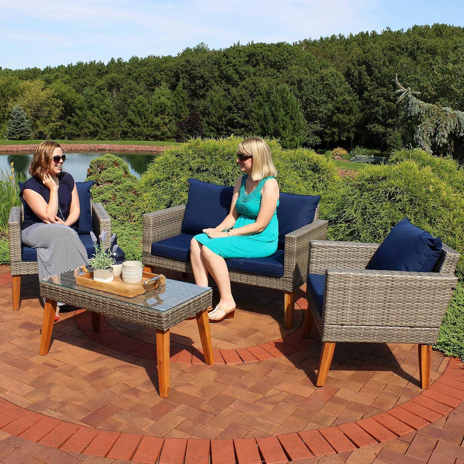 image:imageSunnydaze Patio Furniture Set 4 Piece Outdoor Conversation Set with Removable Cushions Wicker Rattan Outdoor Loveseat and Chair Set for Backyard and Patio Navy Blue