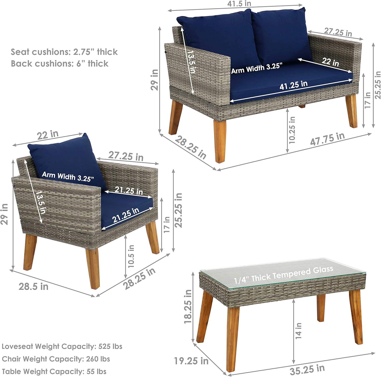 image:imageSunnydaze Patio Furniture Set 4 Piece Outdoor Conversation Set with Removable Cushions Wicker Rattan Outdoor Loveseat and Chair Set for Backyard and Patio Navy Blue