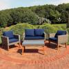 Sunnydaze Patio Furniture Set – 4 Piece Outdoor Conversation Set with Removable Cushions, Wicker Rattan Outdoor Loveseat and Chair Set for Backyard and Patio – Navy Blue