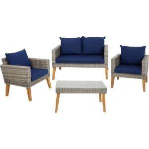Sunnydaze Patio Furniture Set – 4 Piece Outdoor Conversation Set with Removable Cushions, Wicker Rattan Outdoor Loveseat and Chair Set for Backyard and Patio – Navy Blue