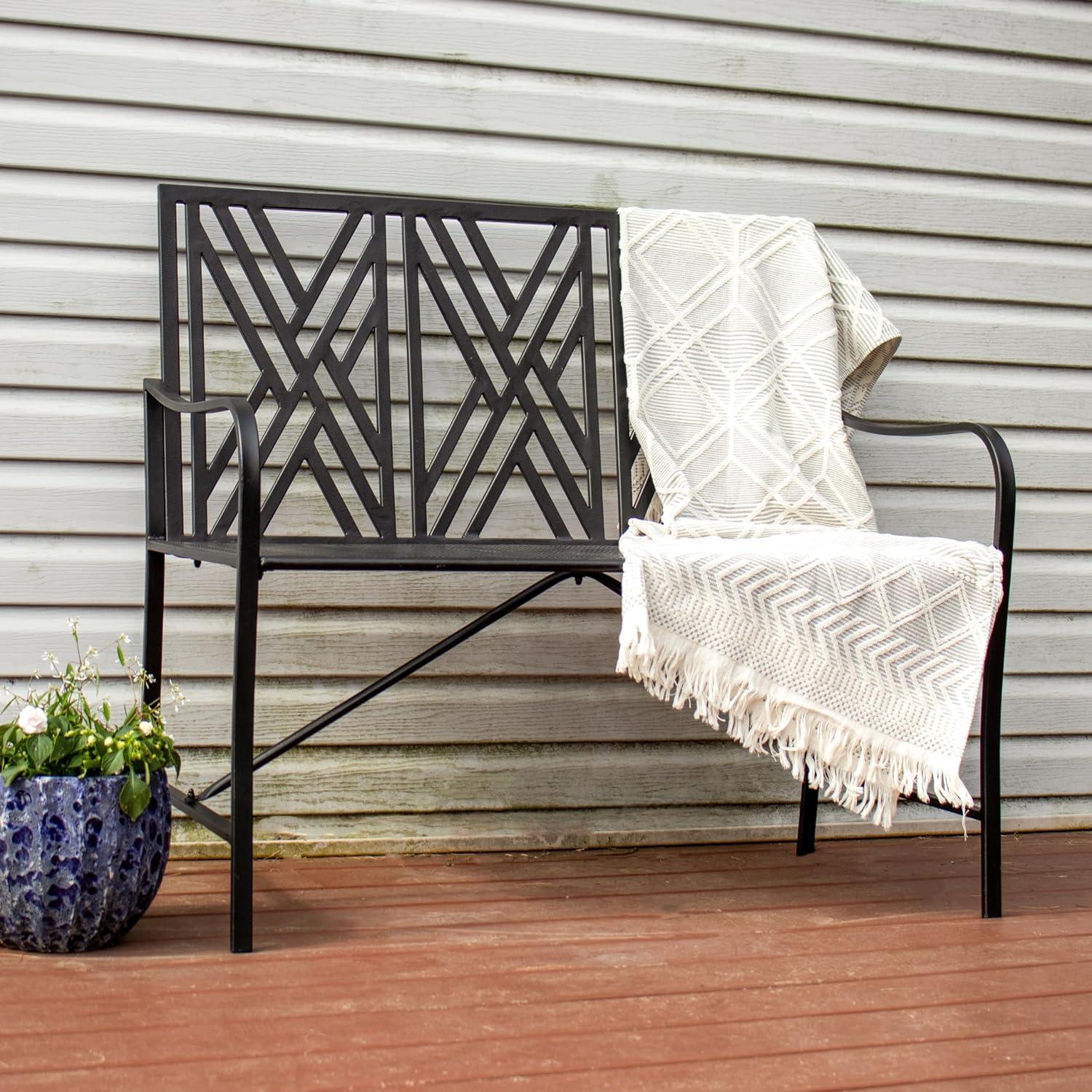 image:imageSunnydaze 2Person Outdoor Garden Bench Geometric Lattice Iron Patio Bench Black 42 W