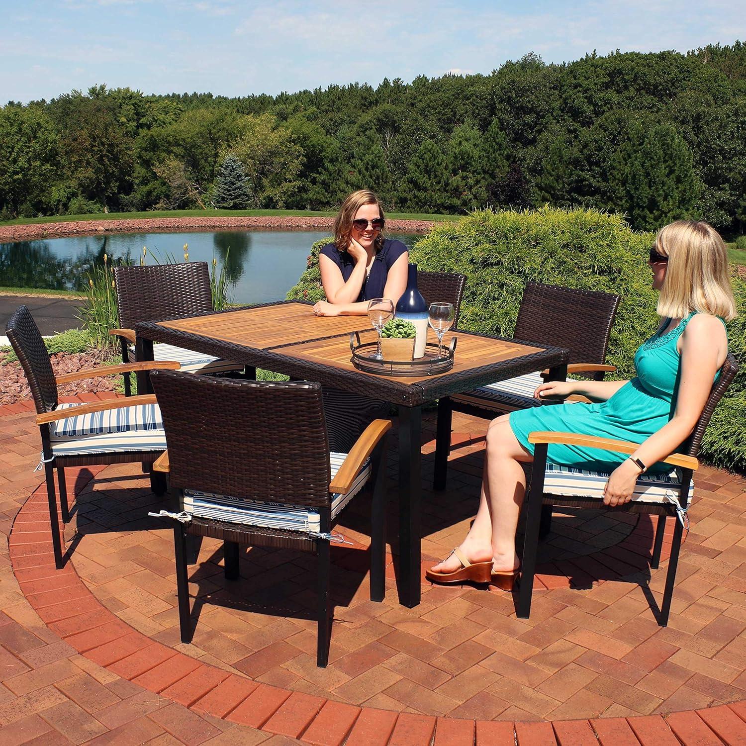 image:imageSunnydaze Carlow 7Piece Rattan and Acacia Outdoor Dining Set 1 Table and 6 Chairs with Seat Cushions Stone GrayBlue Stripe
