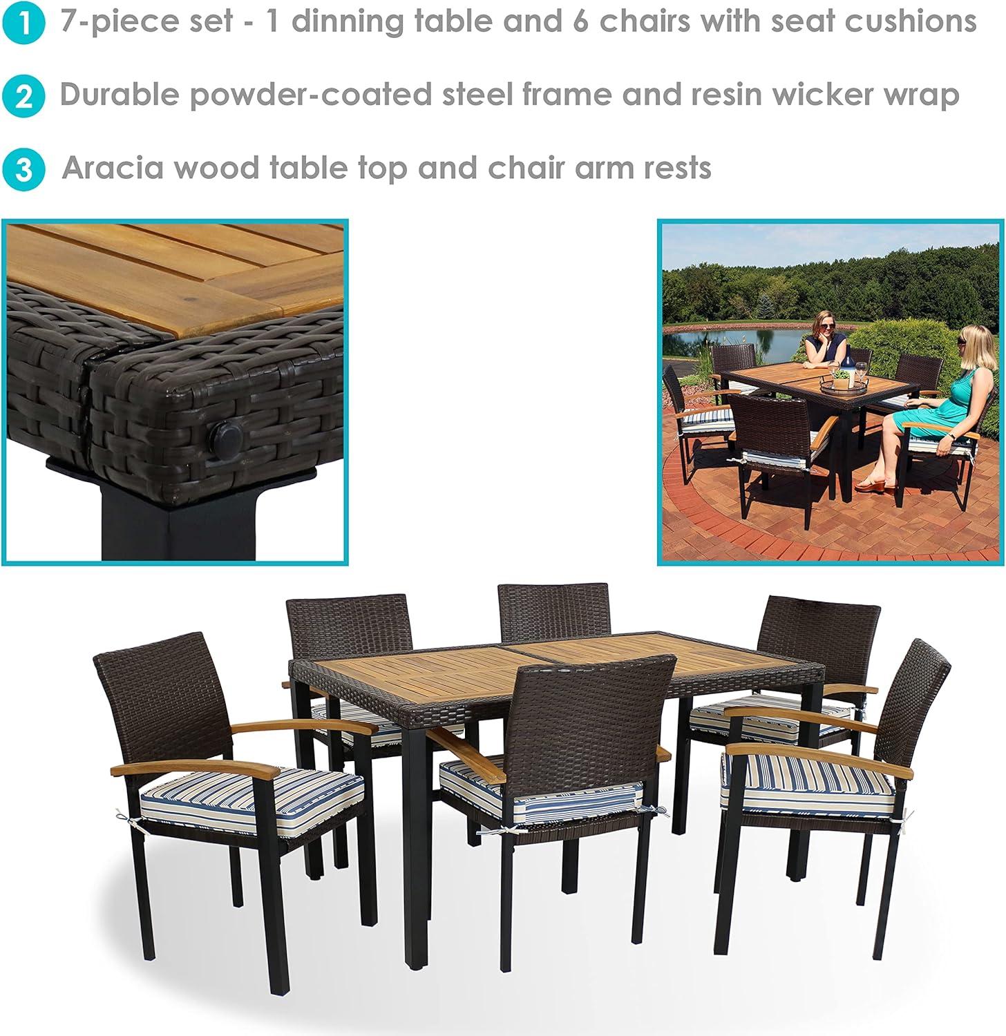image:imageSunnydaze Carlow 7Piece Rattan and Acacia Outdoor Dining Set 1 Table and 6 Chairs with Seat Cushions Stone GrayBlue Stripe