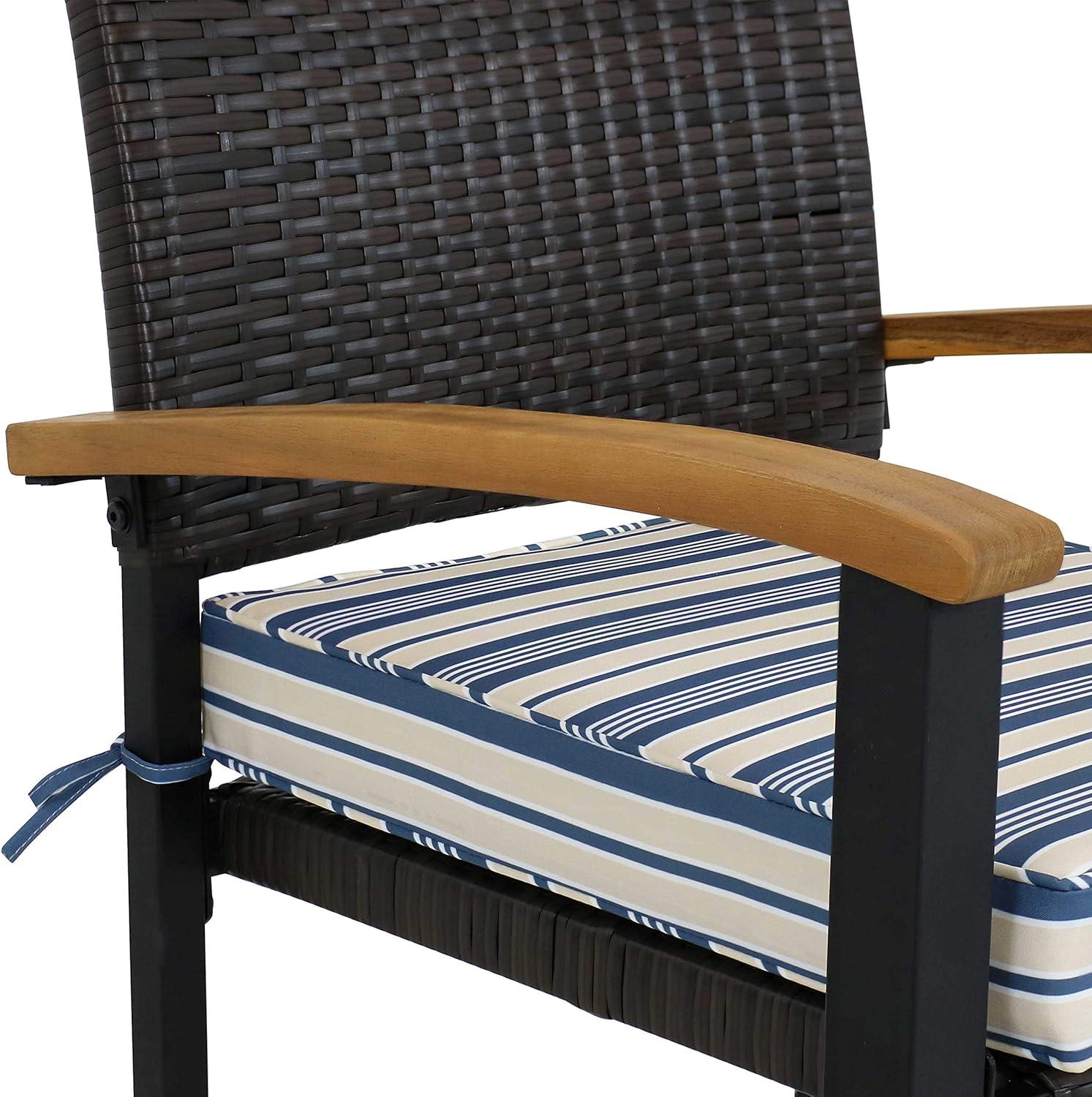 image:imageSunnydaze Carlow 7Piece Rattan and Acacia Outdoor Dining Set 1 Table and 6 Chairs with Seat Cushions Stone GrayBlue Stripe