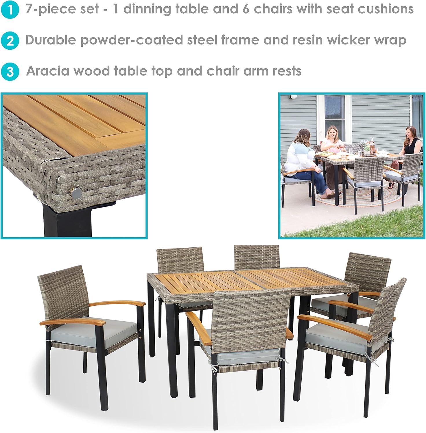 image:imageSunnydaze Carlow 7Piece Rattan and Acacia Outdoor Dining Set 1 Table and 6 Chairs with Seat Cushions Stone GrayStone Gray
