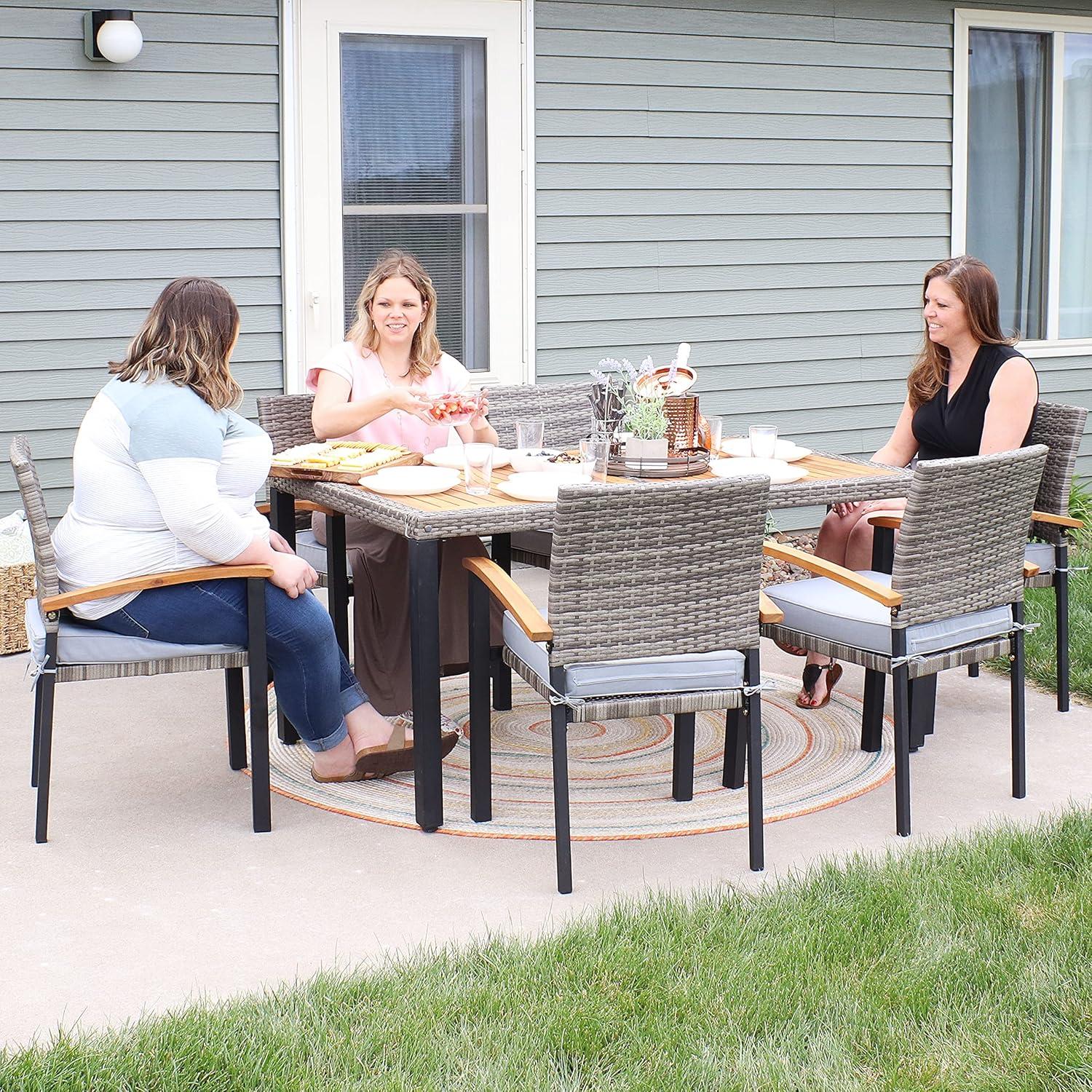 image:imageSunnydaze Carlow 7Piece Rattan and Acacia Outdoor Dining Set 1 Table and 6 Chairs with Seat Cushions Stone GrayStone Gray