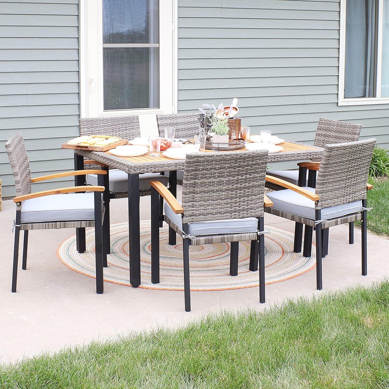 image:imageSunnydaze Carlow 7Piece Rattan and Acacia Outdoor Dining Set 1 Table and 6 Chairs with Seat Cushions Stone GrayStone Gray