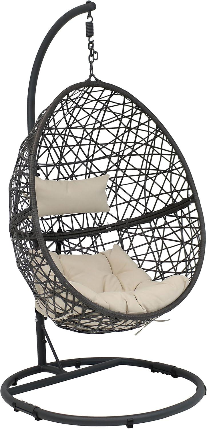 image:imageSunnydaze Caroline Hanging Egg Chair Swing with Stand and Cushion Set Ratan Egg Basket Chair Wicker Hammock Chair with Beige Cushions for Patio Yard Porch IndoorsBeige Cushions