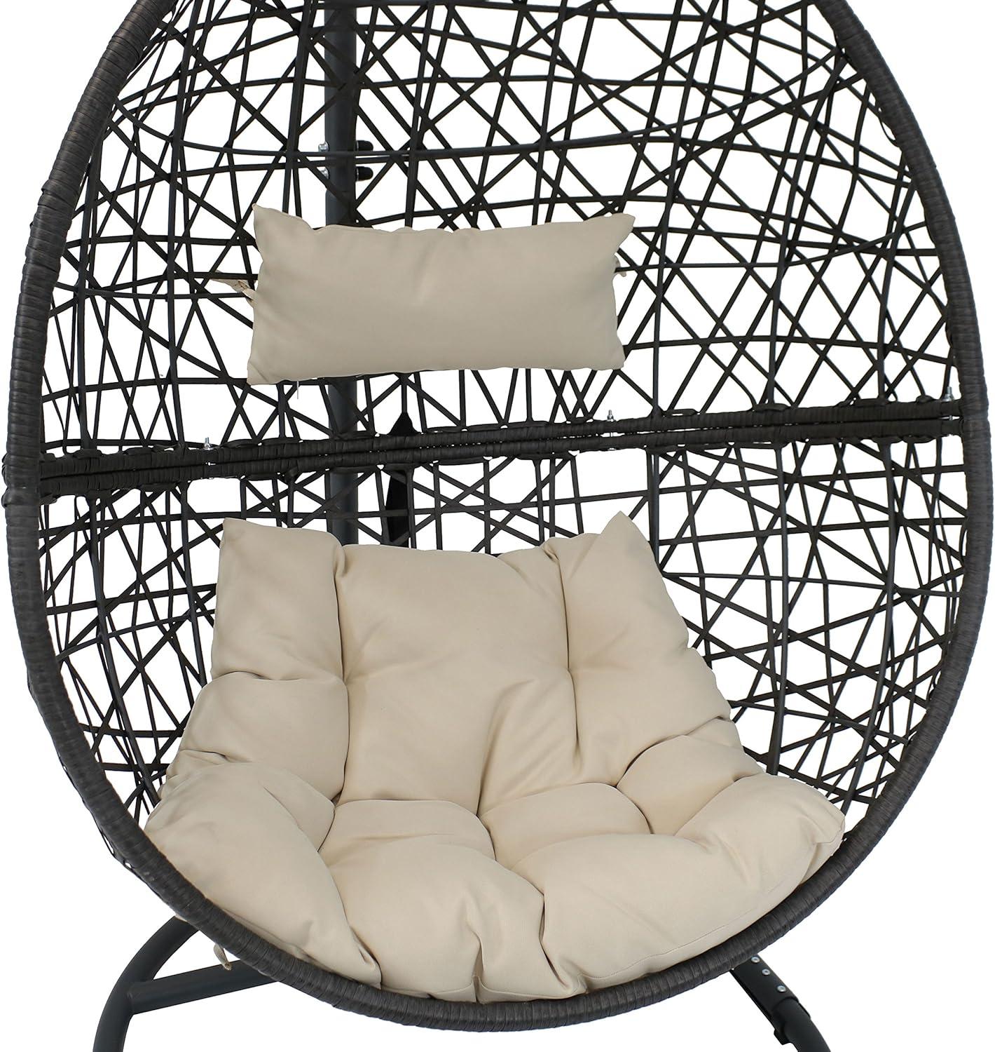 image:imageSunnydaze Caroline Hanging Egg Chair Swing with Stand and Cushion Set Ratan Egg Basket Chair Wicker Hammock Chair with Beige Cushions for Patio Yard Porch IndoorsBeige Cushions
