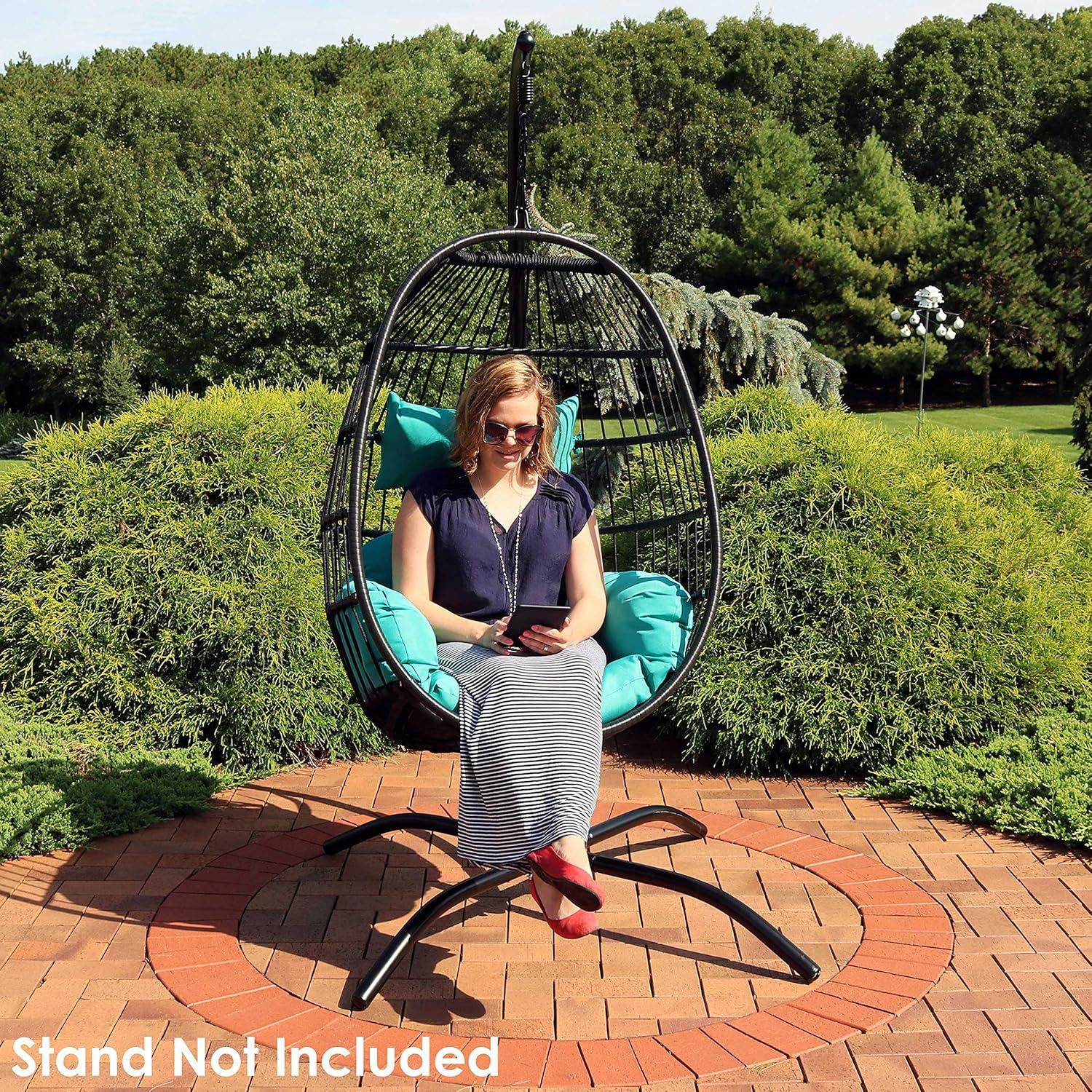 image:imageSunnydaze Dalia Black Steel and Polyethylene Wicker Hanging Egg Chair with Teal Polyester Seat Cushions 45Inch Tall