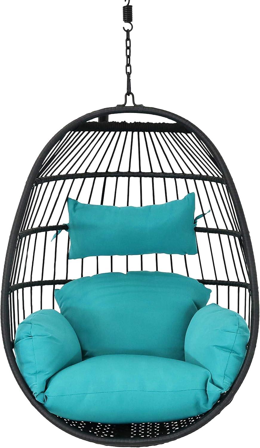 image:imageSunnydaze Dalia Black Steel and Polyethylene Wicker Hanging Egg Chair with Teal Polyester Seat Cushions 45Inch Tall