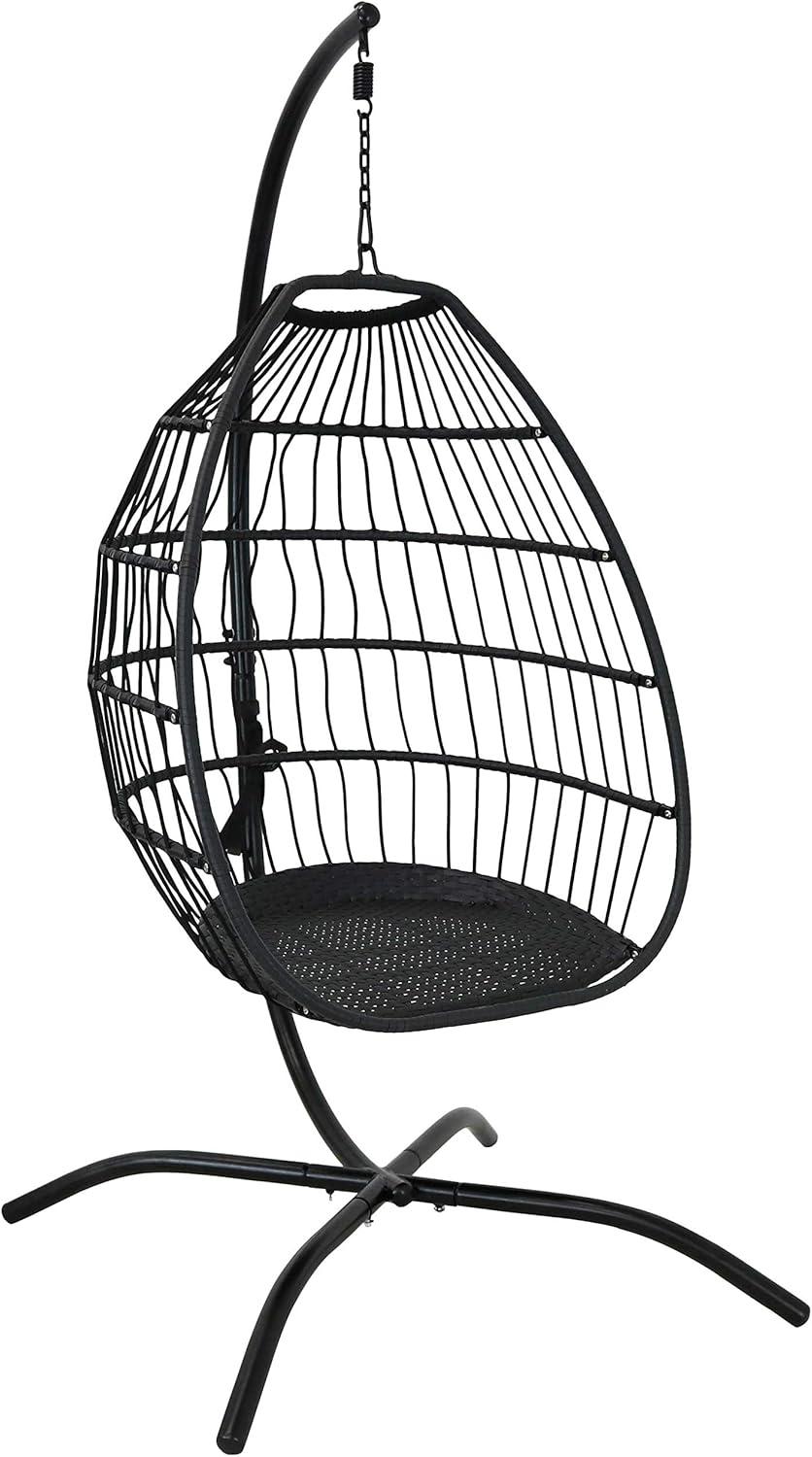 image:imageSunnydaze Delaney Black Resin Wicker Hanging Egg Chair with PowderCoated Steel Stand Gray Polyester Cushions 81 Inches H