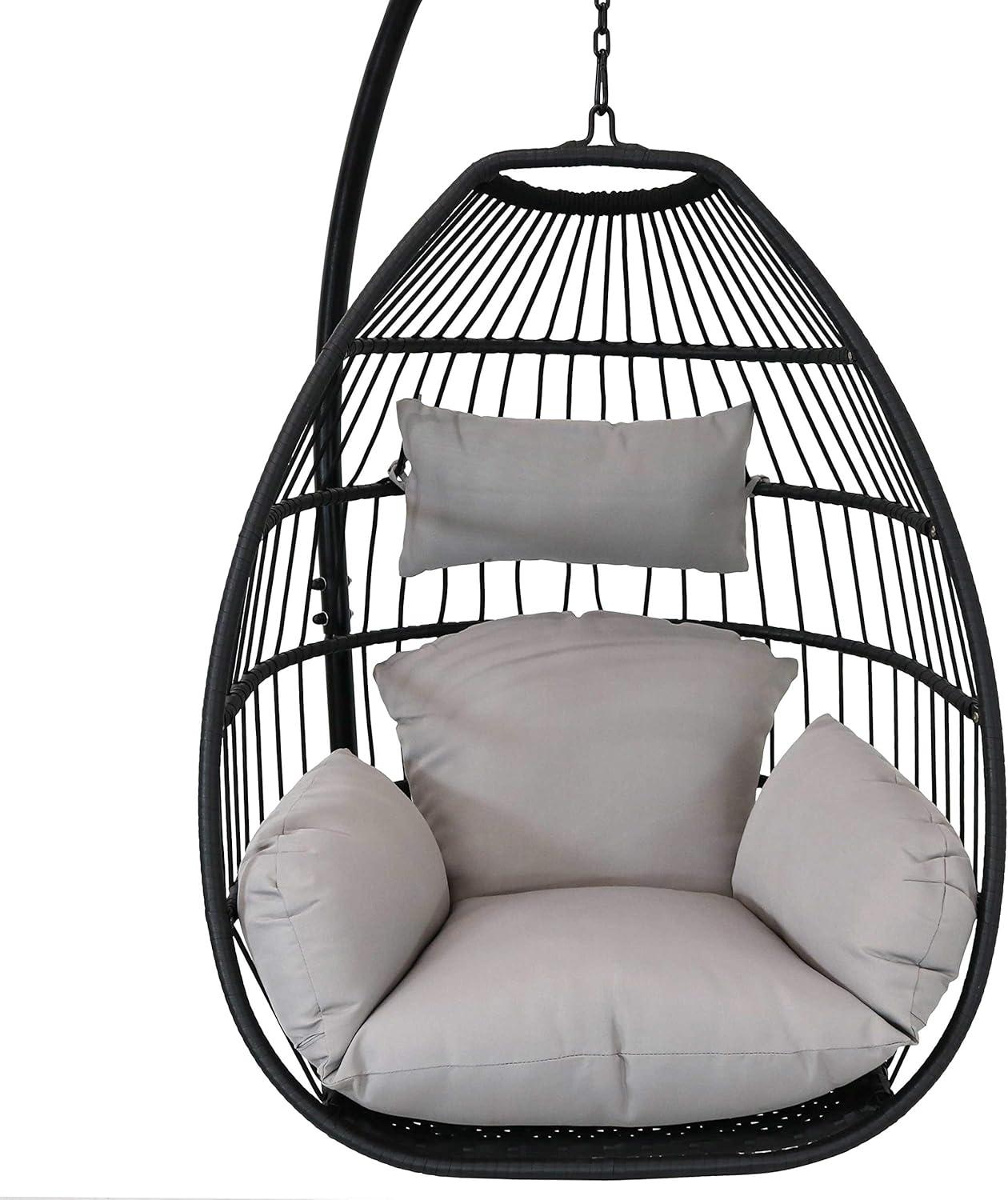 image:imageSunnydaze Delaney Black Resin Wicker Hanging Egg Chair with PowderCoated Steel Stand Gray Polyester Cushions 81 Inches H