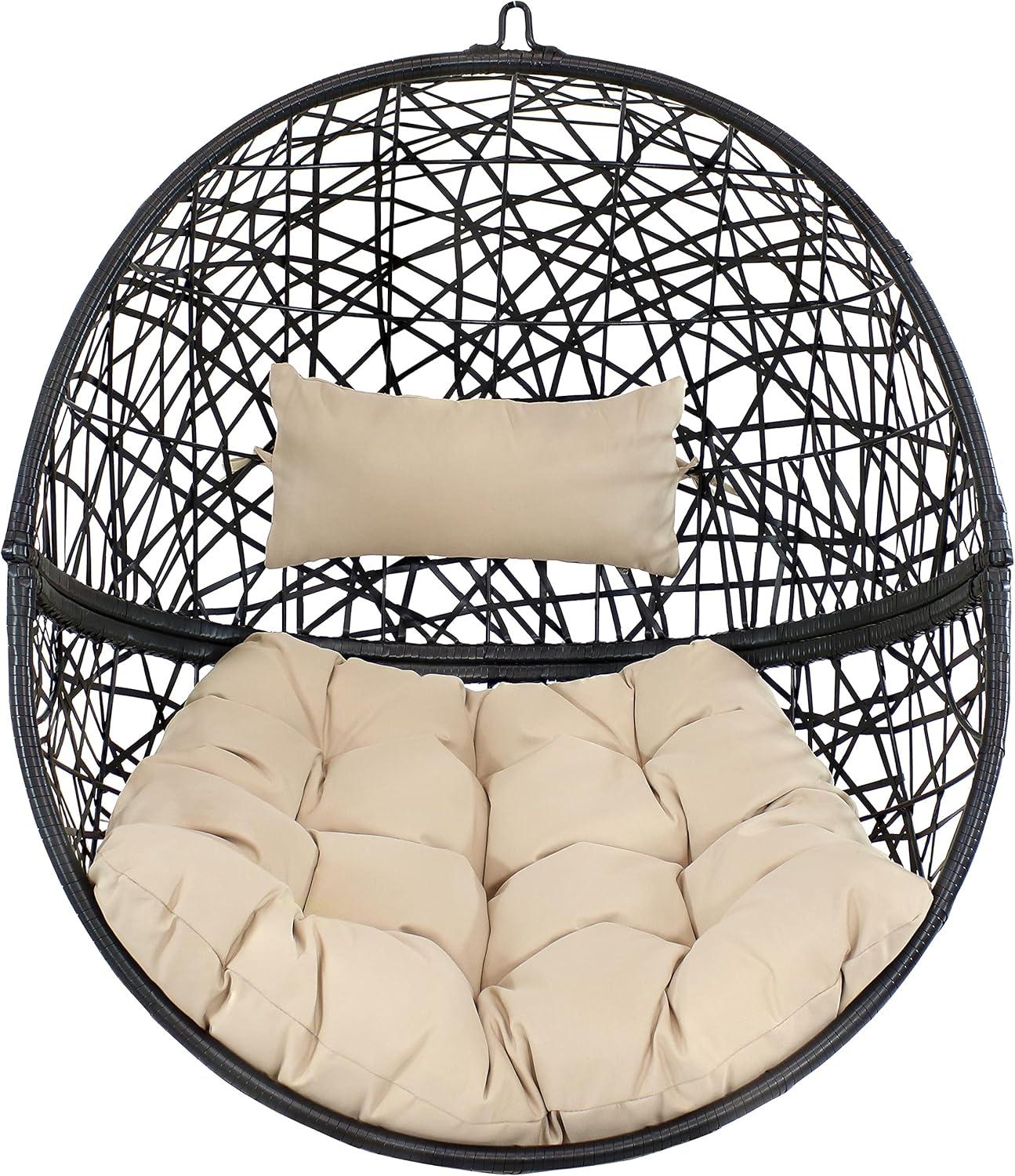 image:imageSunnydaze Jackson Resin Wicker Hanging Egg Chair with Steel Stand 265Pound Weight Capacity Includes Beige CushionsBeige Cushions