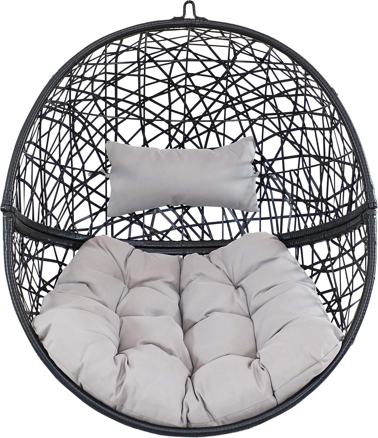 image:imageSunnydaze Jackson Resin Wicker Hanging Egg Chair with Steel Stand 265Pound Weight Capacity Includes Beige CushionsGray Cushions