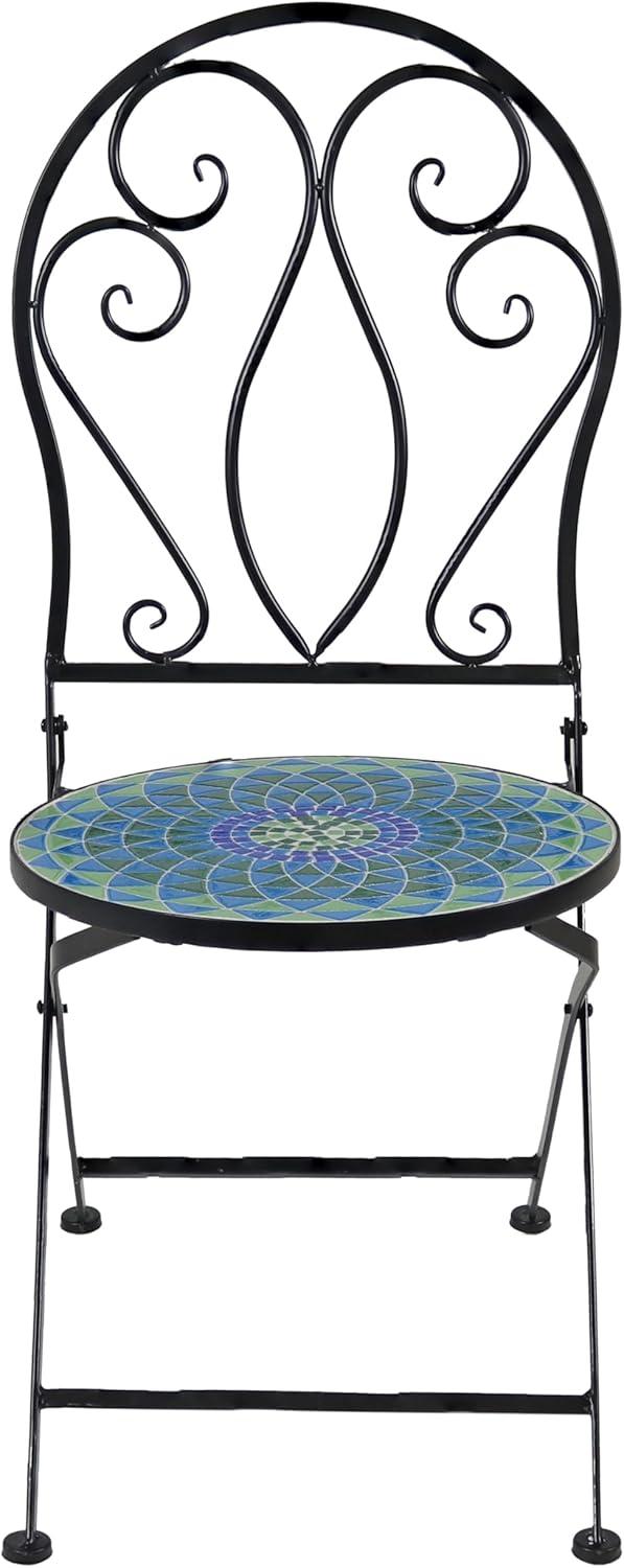 image:imageSunnydaze Mosaic Tile Folding Bistro Chairs with Iron Frame Set of 2 Compact Folding Design Black Frame with Scroll Back